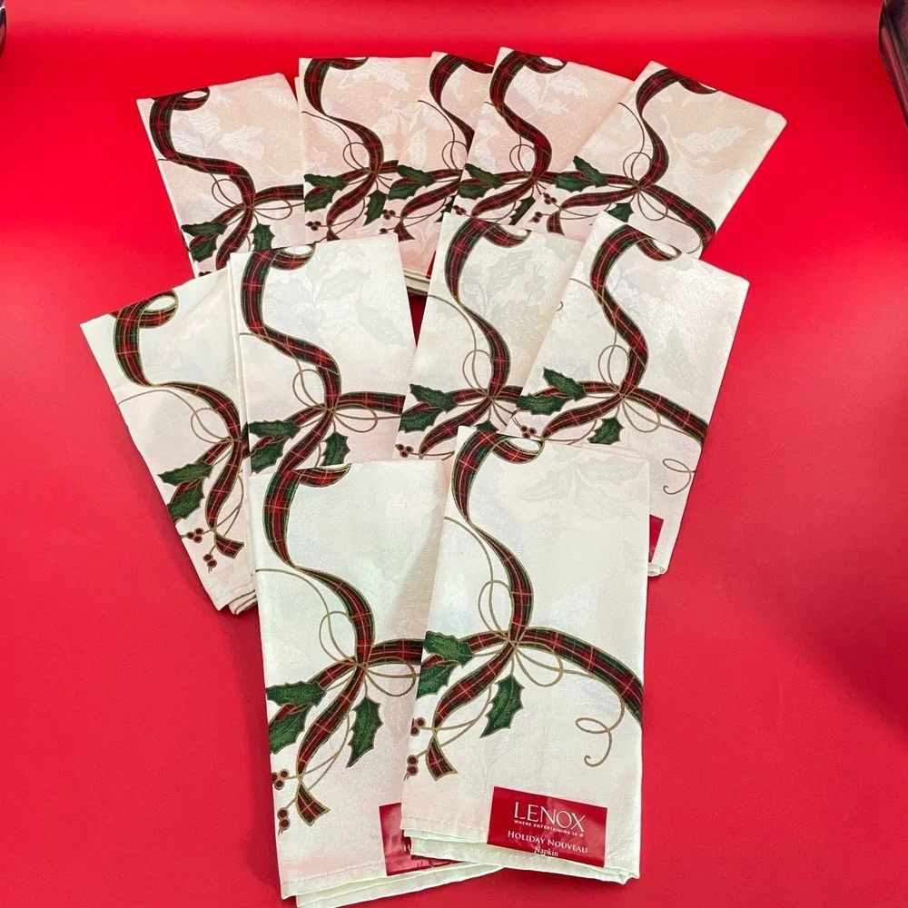 Lenox Holiday Nouveau Dinner Napkins Cream 20 x 20 Plaid Ribbon Holly Set of 11